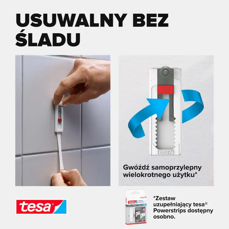 Zbliżenie na montaż haczyka samoprzylepnego Tesa z regulowaną śrubą na płytkach łazienkowych