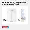 Zestaw zawiera dwa białe gwoździe samoprzylepne Tesa oraz sześć pasków montażowych