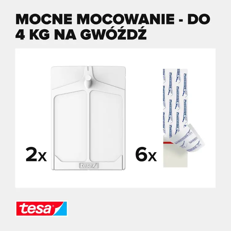 Zestaw zawiera dwa białe gwoździe samoprzylepne Tesa oraz sześć pasków montażowych