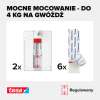 Na zdjęciu widoczny szczegółowy mechanizm regulowanego gwoździa samoprzylepnego Tesa oraz ilość elementów w zestawie
