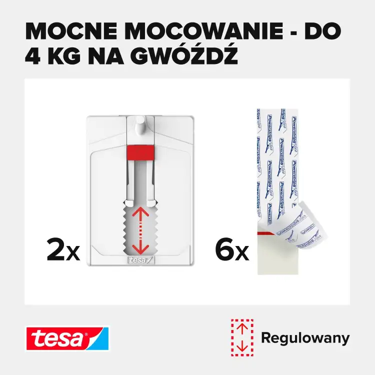 Na zdjęciu widoczny szczegółowy mechanizm regulowanego gwoździa samoprzylepnego Tesa oraz ilość elementów w zestawie