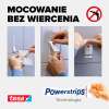 Trzy etapy mocowania haczyka Tesa na płytkach pokazujące łatwość montażu bez użycia wiertarki