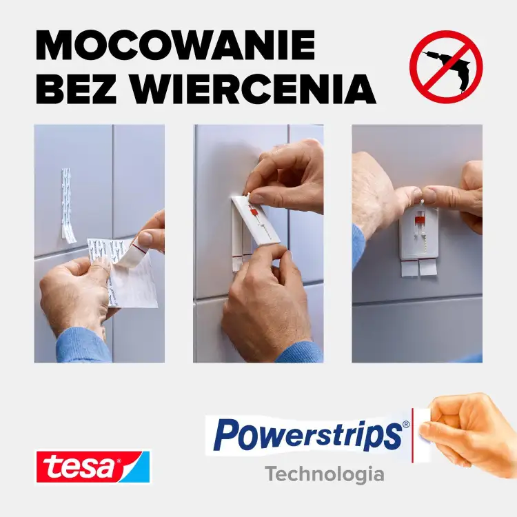 Trzy etapy mocowania haczyka Tesa na płytkach pokazujące łatwość montażu bez użycia wiertarki