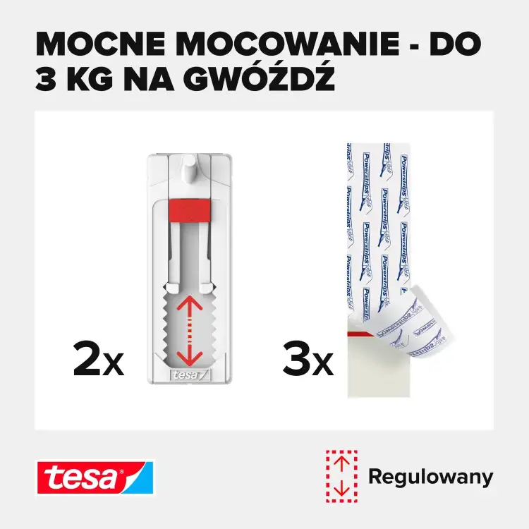 Informacja o wytrzymałości gwoździa samoprzylepnego Tesa na obciążenie do 3 kg