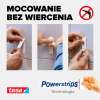 Trzy etapy montażu haczyka samoprzylepnego Tesa na płytkach pokazujące łatwość instalacji bez wiercenia