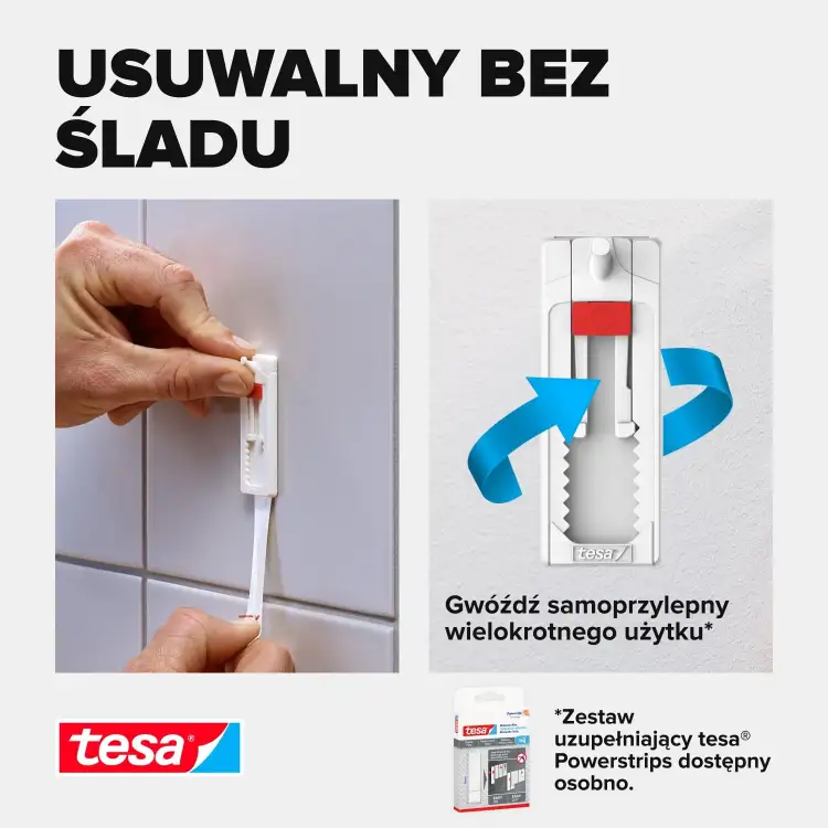 Zbliżenie na montaż haczyka samoprzylepnego Tesa do dekoracji na białych płytkach ściennych
