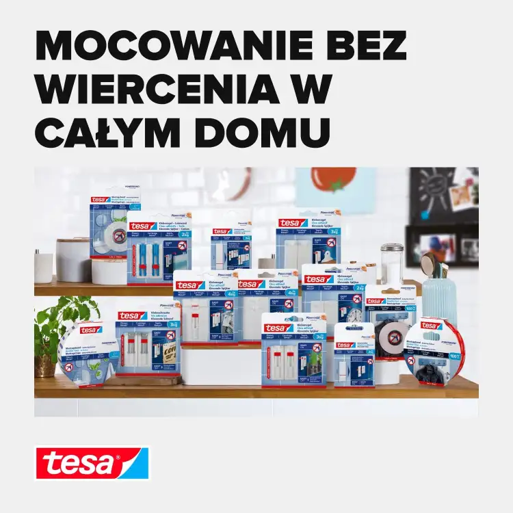 Na zdjęciu widoczna szeroka gama samoprzylepnych haczyków i gwoździ Tesa przeznaczonych do różnych zastosowań domowych