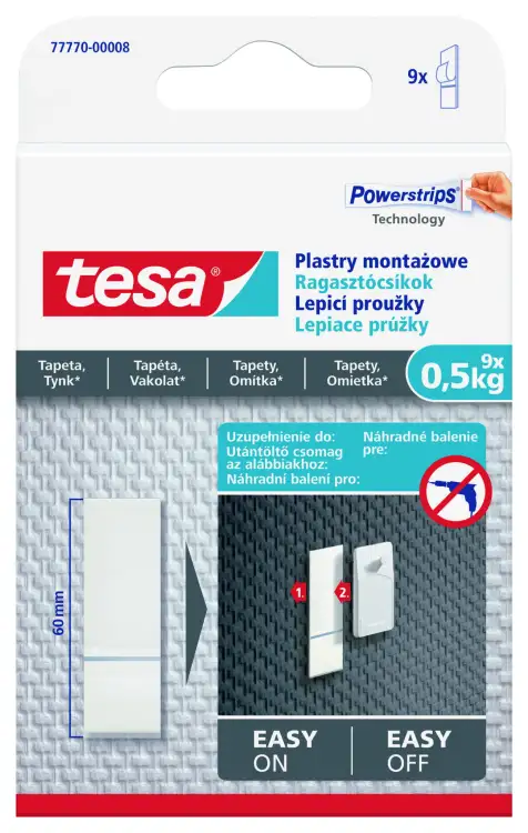 Opakowanie marki Tesa z paskami montażowymi prezentuje instrukcję łatwego mocowania na tapecie lub tynku
