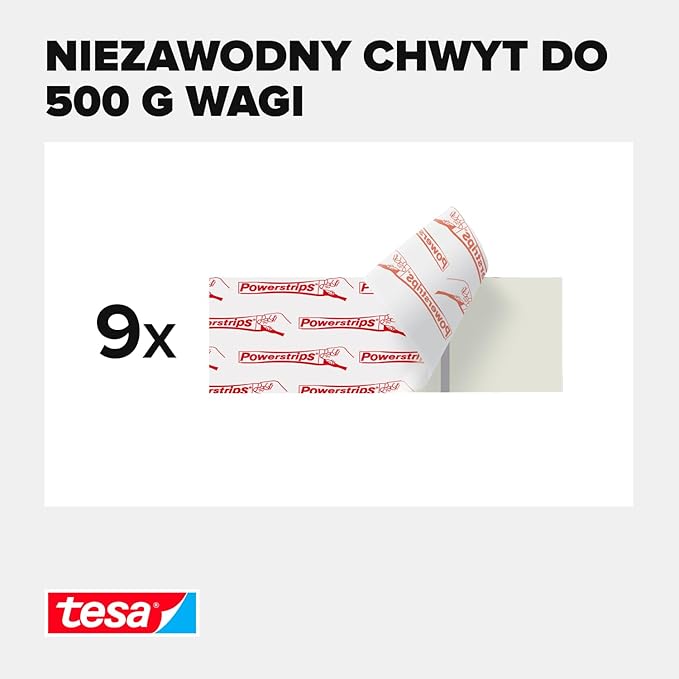 Białe paski samoprzylepne Tesa ułożone na jasnym tle z widocznym nadrukiem marki