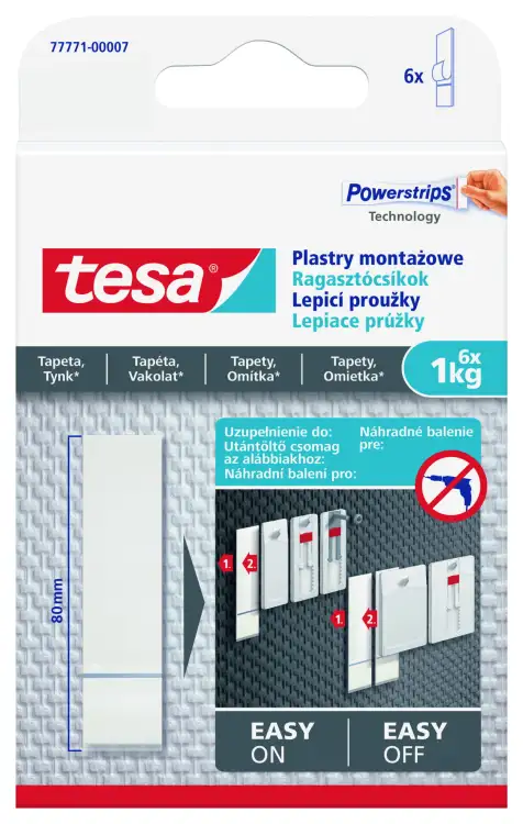 Opakowanie prezentuje paski montażowe Tesa przeznaczone do mocowania na tapetach i tynku