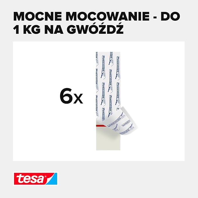 Zbliżenie na pojedynczy pasek montażowy Tesa pokazujący strukturę i nadruk marki na białym tle