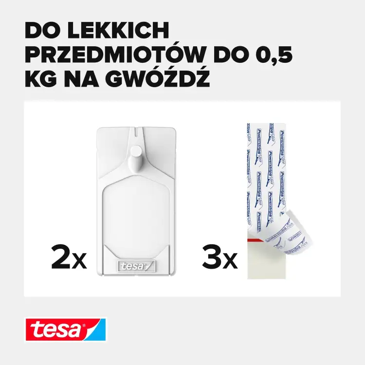 Na zdjęciu pokazano dwa białe gwoździe samoprzylepne Tesa oraz trzy paski montażowe