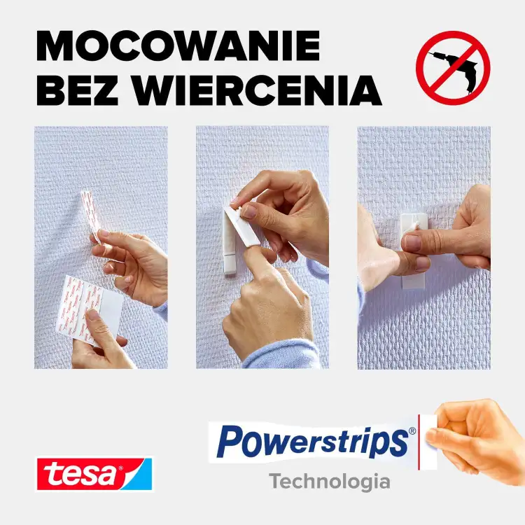 Instrukcja montażu samoprzylepnego gwoździa Tesa na tapecie krok po kroku bez użycia wiertarki