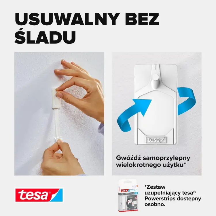 Łatwe zdejmowanie haczyka samoprzylepnego Tesa do wieszania obrazów bez śladów na ścianie