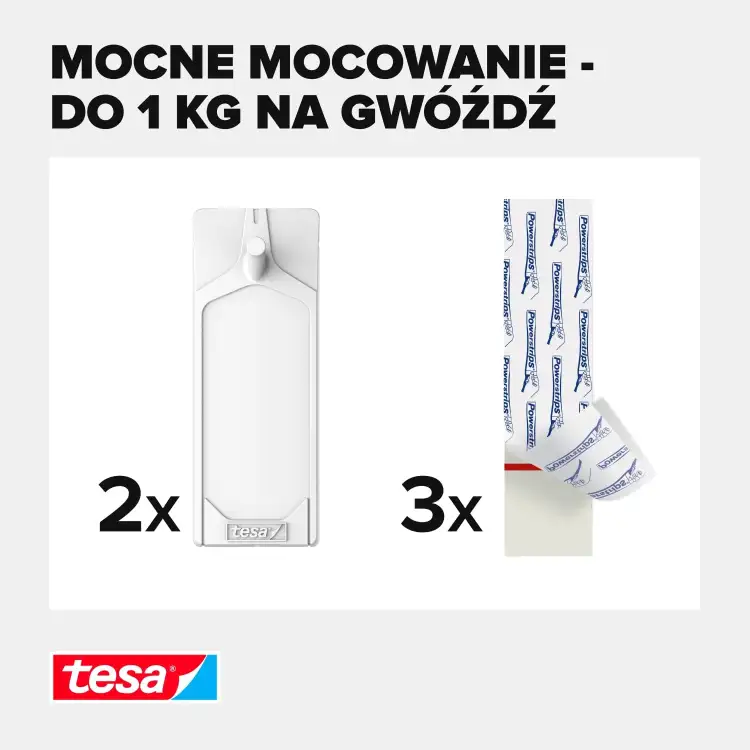 Zestaw samoprzylepnych gwoździ Tesa z paskami montażowymi prezentowany na białym tle obok siebie