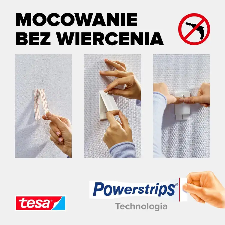 Instrukcja montażu haczyka samoprzylepnego Tesa do tapet i tynku pokazana krok po kroku
