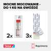Na zdjęciu widoczne są dwa regulowane gwoździe samoprzylepne Tesa oraz trzy paski montażowe