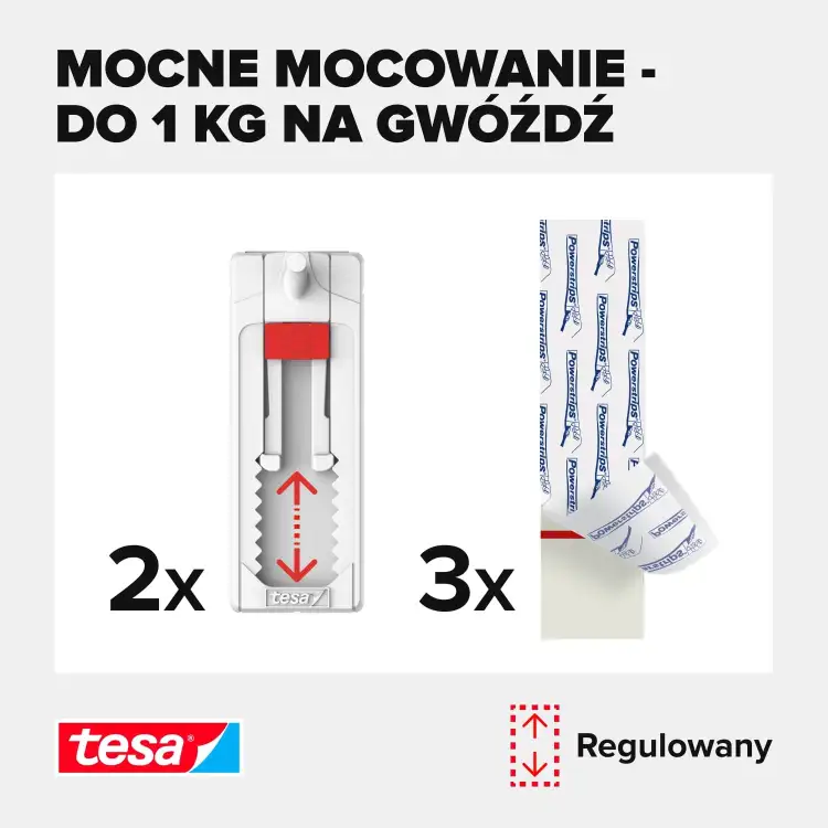 Na zdjęciu widoczne są dwa regulowane gwoździe samoprzylepne Tesa oraz trzy paski montażowe