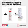 Zbliżenie na zestaw czterech regulowanych gwoździ samoprzylepnych Tesa oraz sześciu pasków montażowych