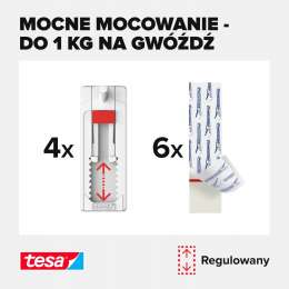 Zbliżenie na zestaw czterech regulowanych gwoździ samoprzylepnych Tesa oraz sześciu pasków montażowych