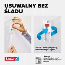 Osoba prezentuje montaż regulowanego gwoździa samoprzylepnego Tesa na ścianie z tapetą