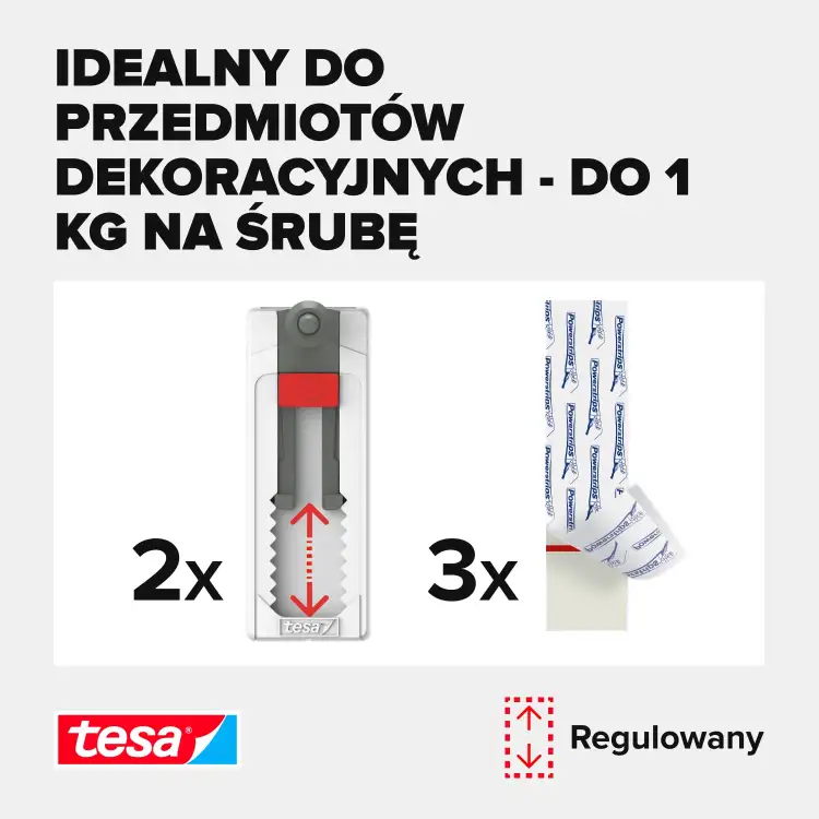 Zbliżenie na regulowaną śrubę samoprzylepną Tesa oraz paski montażowe do lekkich dekoracji