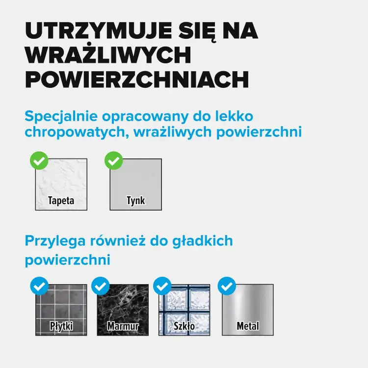 Grafika prezentuje zastosowanie samoprzylepnych śrub Tesa na tapecie i tynku oraz innych powierzchniach
