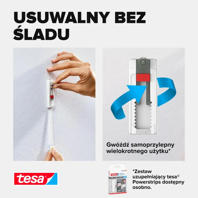 Osoba prezentuje montaż samoprzylepnej śruby Tesa na tapecie z możliwością łatwego usunięcia bez śladu