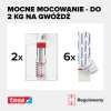 Zbliżenie na mechanizm regulacji samoprzylepnego gwoździa Tesa oraz ilość elementów w zestawie