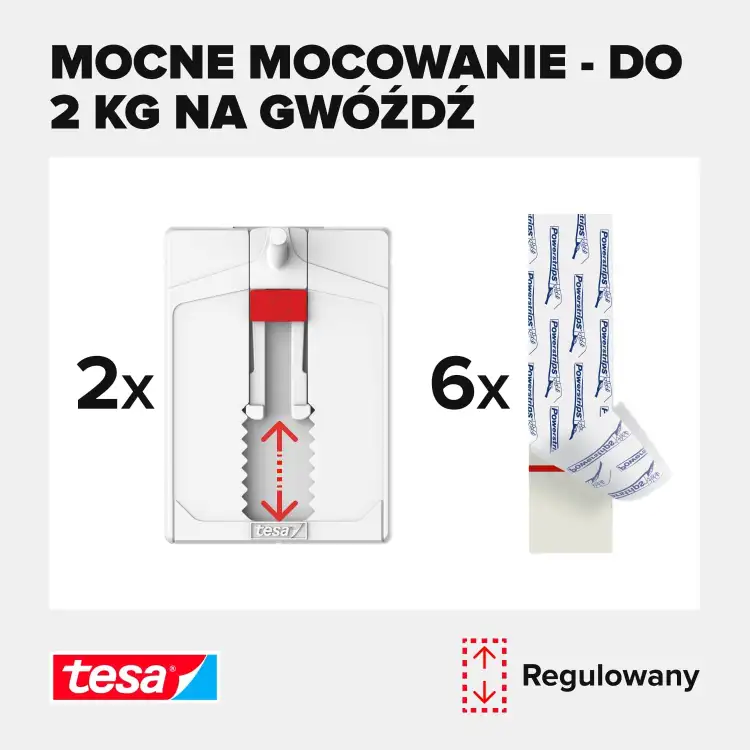 Zbliżenie na mechanizm regulacji samoprzylepnego gwoździa Tesa oraz ilość elementów w zestawie