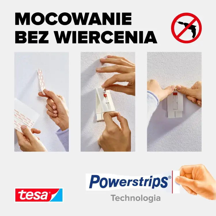 Instrukcja krok po kroku pokazująca montaż haczyka samoprzylepnego Tesa Gwóźdź do obrazów na tapecie