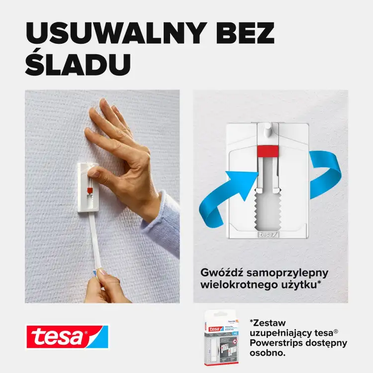 Osoba delikatnie usuwa haczyk samoprzylepny Tesa Gwóźdź do obrazów z powierzchni ściany