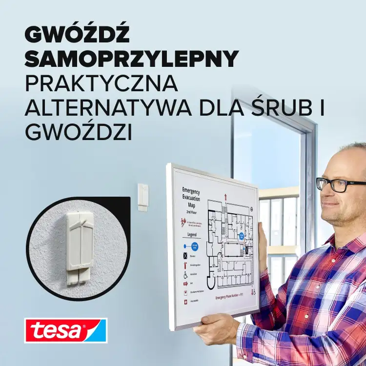 Mężczyzna mocuje ramkę na ścianie za pomocą samoprzylepnego gwoździa Tesa do tapet