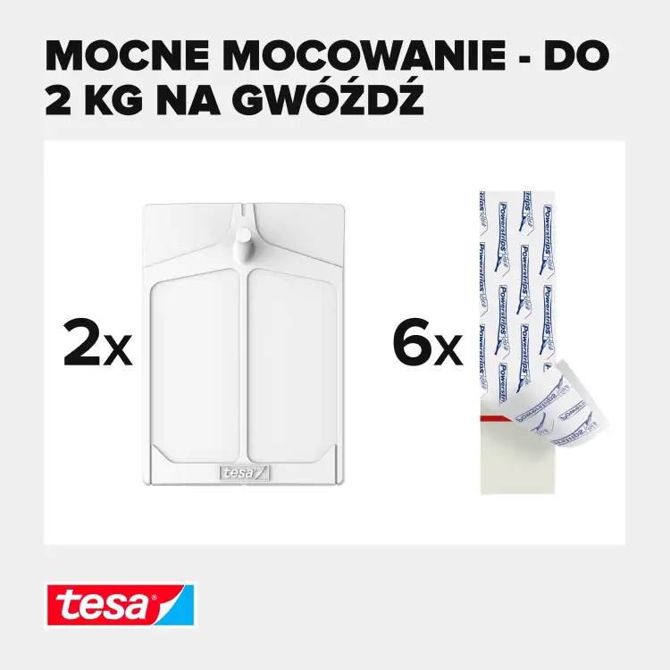 Zestaw dwóch samoprzylepnych gwoździ Tesa oraz sześciu pasków montażowych pokazany na białym tle
