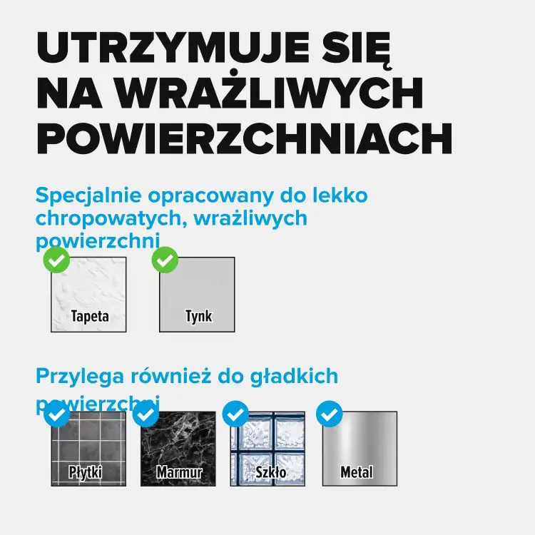 Grafika prezentuje zastosowanie samoprzylepnych gwoździ Tesa na tapecie i tynku oraz innych powierzchniach