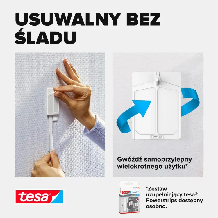 Dłoń mocuje samoprzylepny gwóźdź Tesa na ścianie pokrytej tapetą bez użycia narzędzi