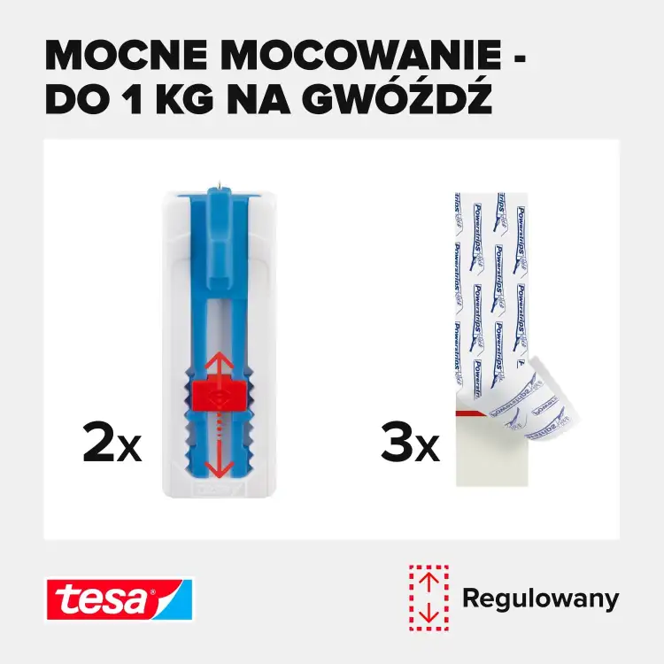 Zestaw dwóch regulowanych gwoździ samoprzylepnych Tesa z taśmami montażowymi widoczny na białym tle