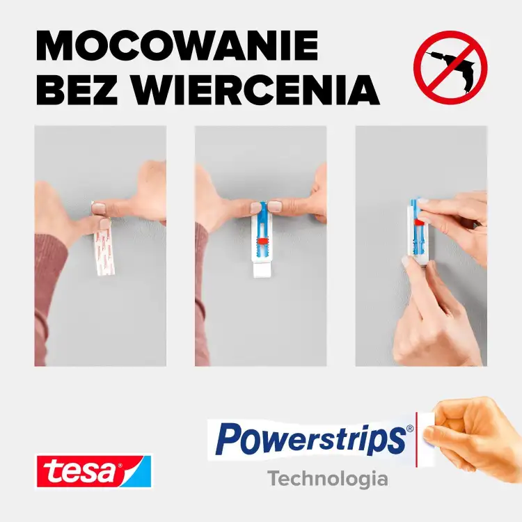 Instrukcja montażu regulowanego gwoździa samoprzylepnego Tesa na ścianie z użyciem technologii Powerstrips