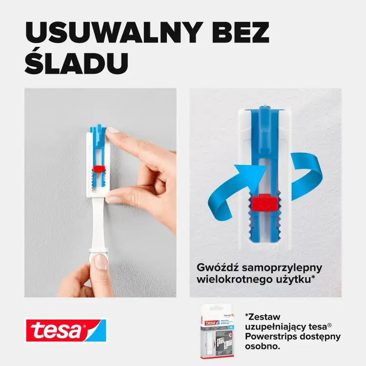 Zbliżenie na regulowany gwóźdź samoprzylepny Tesa podczas zdejmowania ze ściany bez pozostawiania śladów