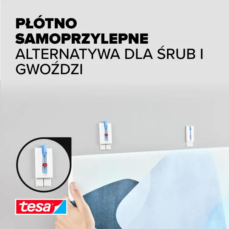 Regulowany gwóźdź Tesa zamocowany na ścianie z tapetą prezentuje wygodne zawieszanie obrazu