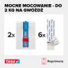 Zbliżenie na zestaw regulowanych gwoździ Tesa i pasków samoprzylepnych z informacją o wytrzymałości 2 kg