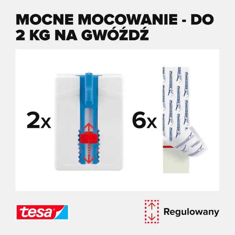 Zbliżenie na zestaw regulowanych gwoździ Tesa i pasków samoprzylepnych z informacją o wytrzymałości 2 kg