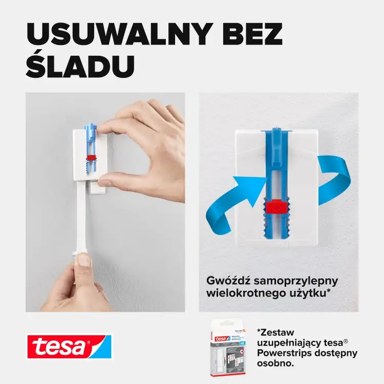 Instrukcja prezentuje sposób usuwania samoprzylepnego gwoździa Tesa bez pozostawiania śladów na ścianie
