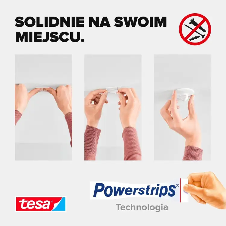 Instrukcja montażu samoprzylepnego haczyka sufitowego tesa na powierzchni z tapetą pokazana krok po kroku