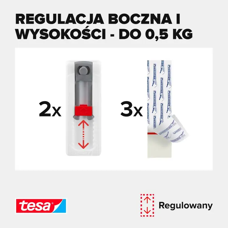 Zestaw dwóch regulowanych gwoździ samoprzylepnych Tesa z trzema paskami montażowymi pokazany na białym tle
