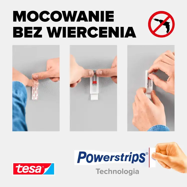 Instrukcja montażu samoprzylepnego gwoździa Tesa na ścianie z technologią Powerstrips pokazana krok po kroku