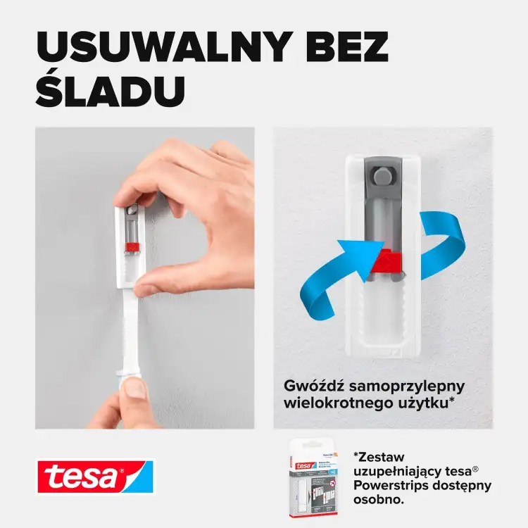 Praktyczne zastosowanie samoprzylepnego gwoździa Tesa na ścianie z tapetą do wieszania dekoracji