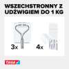 Zestaw przezroczystych haczyków Tesa prezentuje zawartość opakowania wraz z maksymalnym udźwigiem