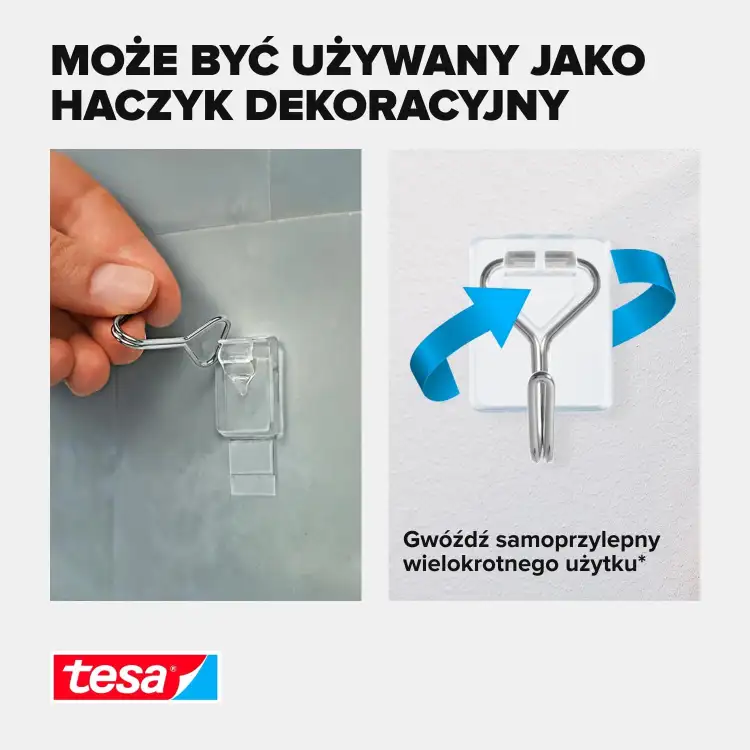 Przezroczysty haczyk Tesa zamocowany na gładkiej ścianie służy jako uchwyt na dekoracje