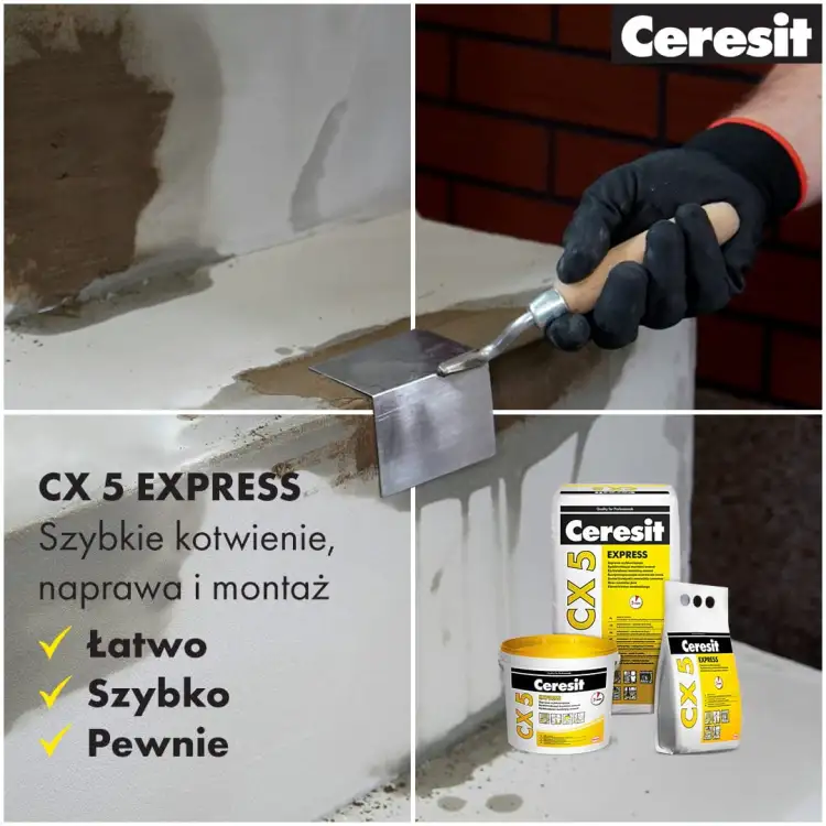 Ręka w rękawiczce nakłada cement montażowy Ceresit CX5 na betonową powierzchnię podczas naprawy